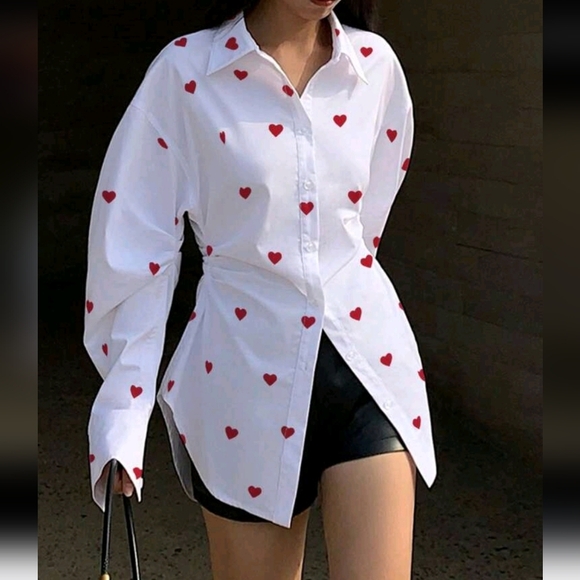 Women's Elegant French Style Heart Print Long Sleeve Shirt,Valentine's Day - Picture 2 of 5